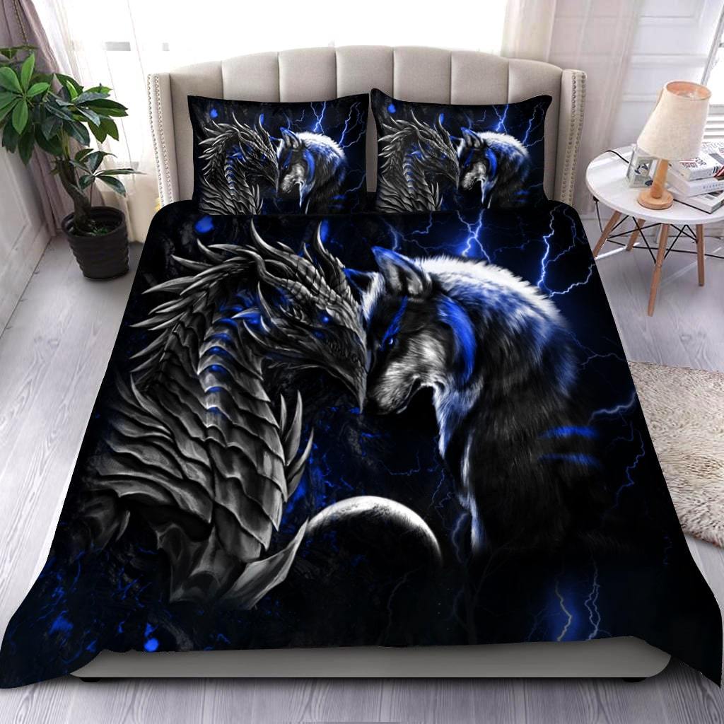 Blue Dragon And Wolf Fantasy Bedding Cover For Fantasy Bedroom Decor