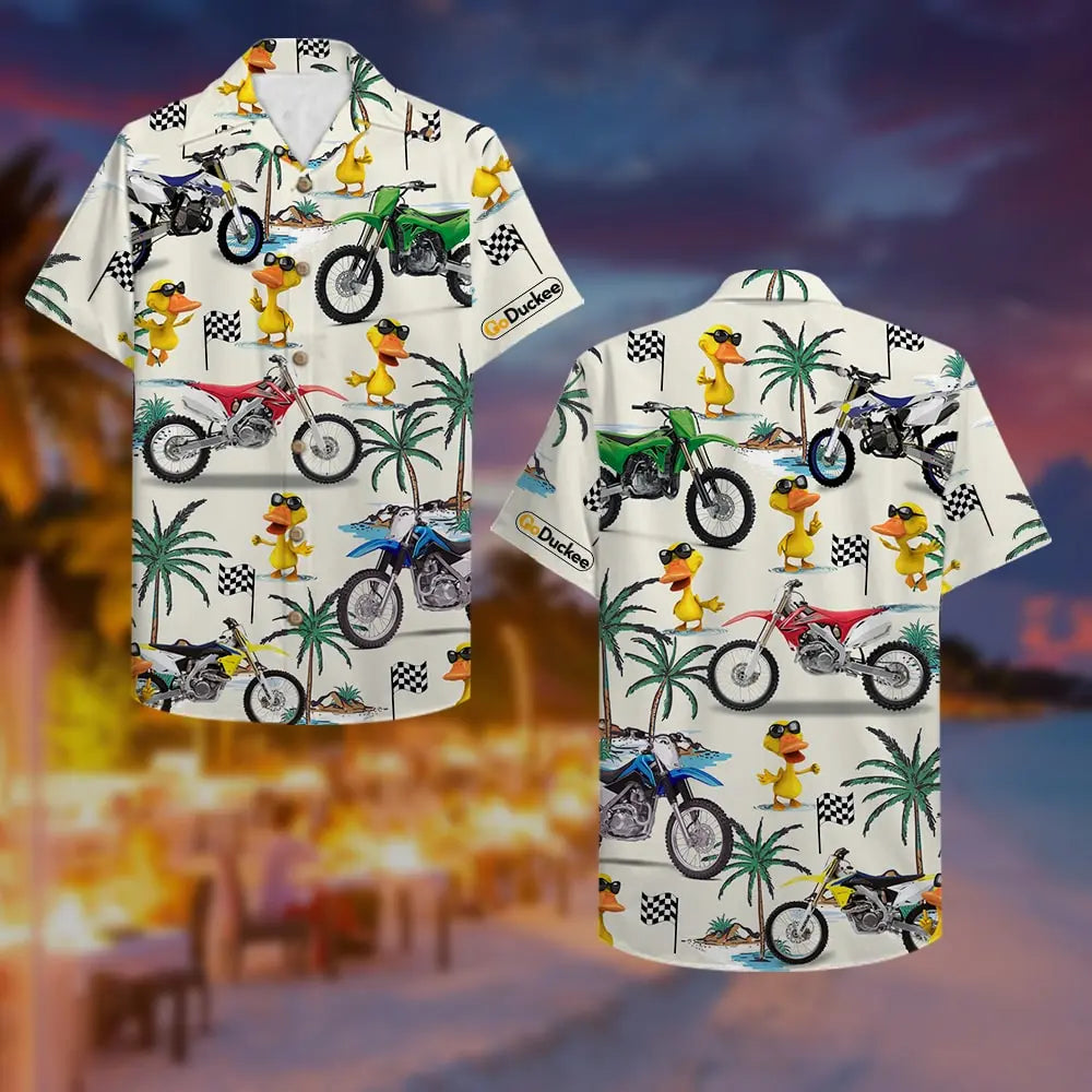 Motocross Duck Unisex Hawaiian Shirt Aloha Shirt Summer Vibe Dirt Bike and Fancy Duck Pattern