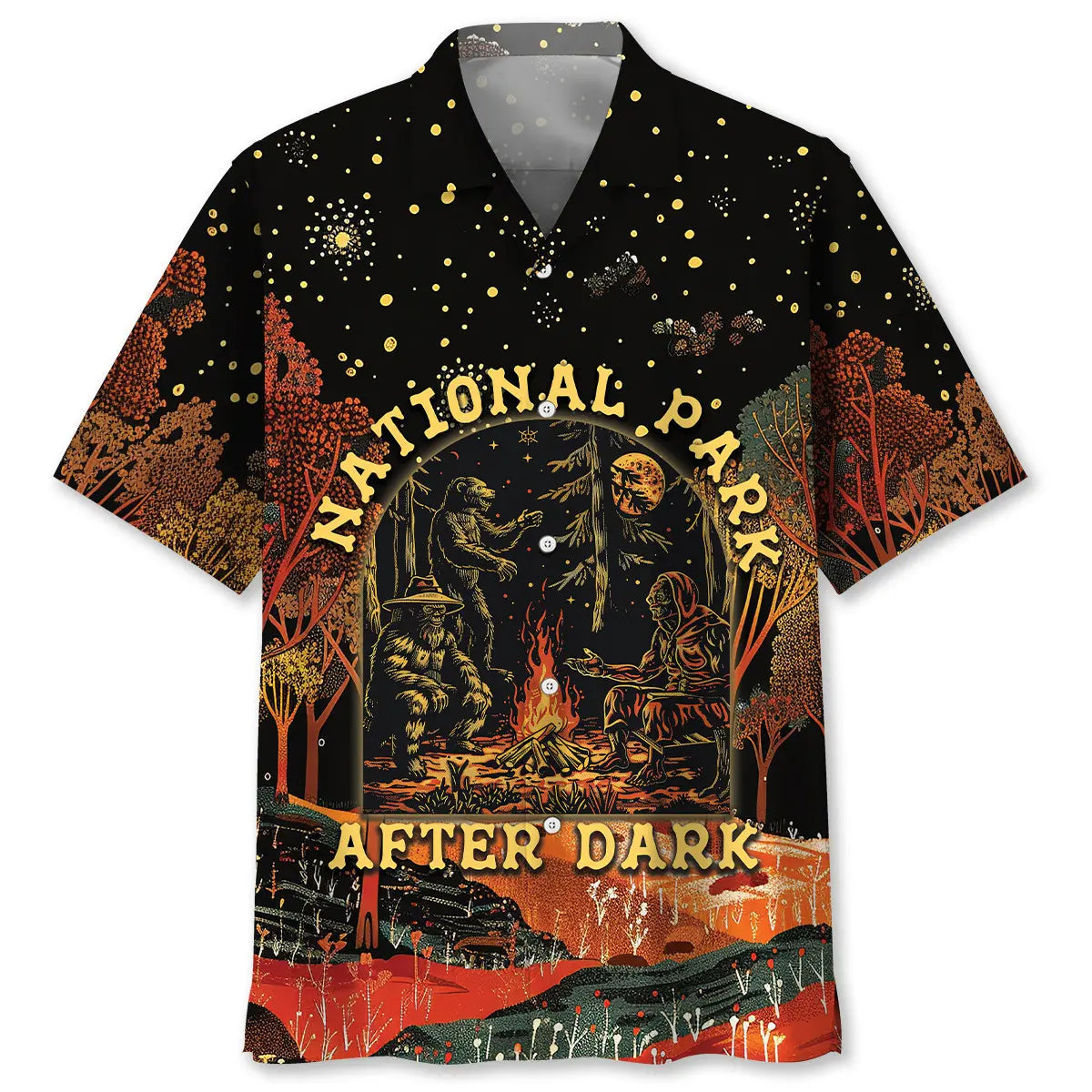 Hawaiian Shirt / Adults / S National Park After Dark Bigfoot Alien Bear Hawaiian Shirt