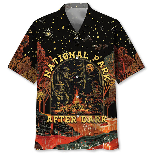 Hawaiian Shirt / Adults / S National Park After Dark Bigfoot Alien Bear Hawaiian Shirt