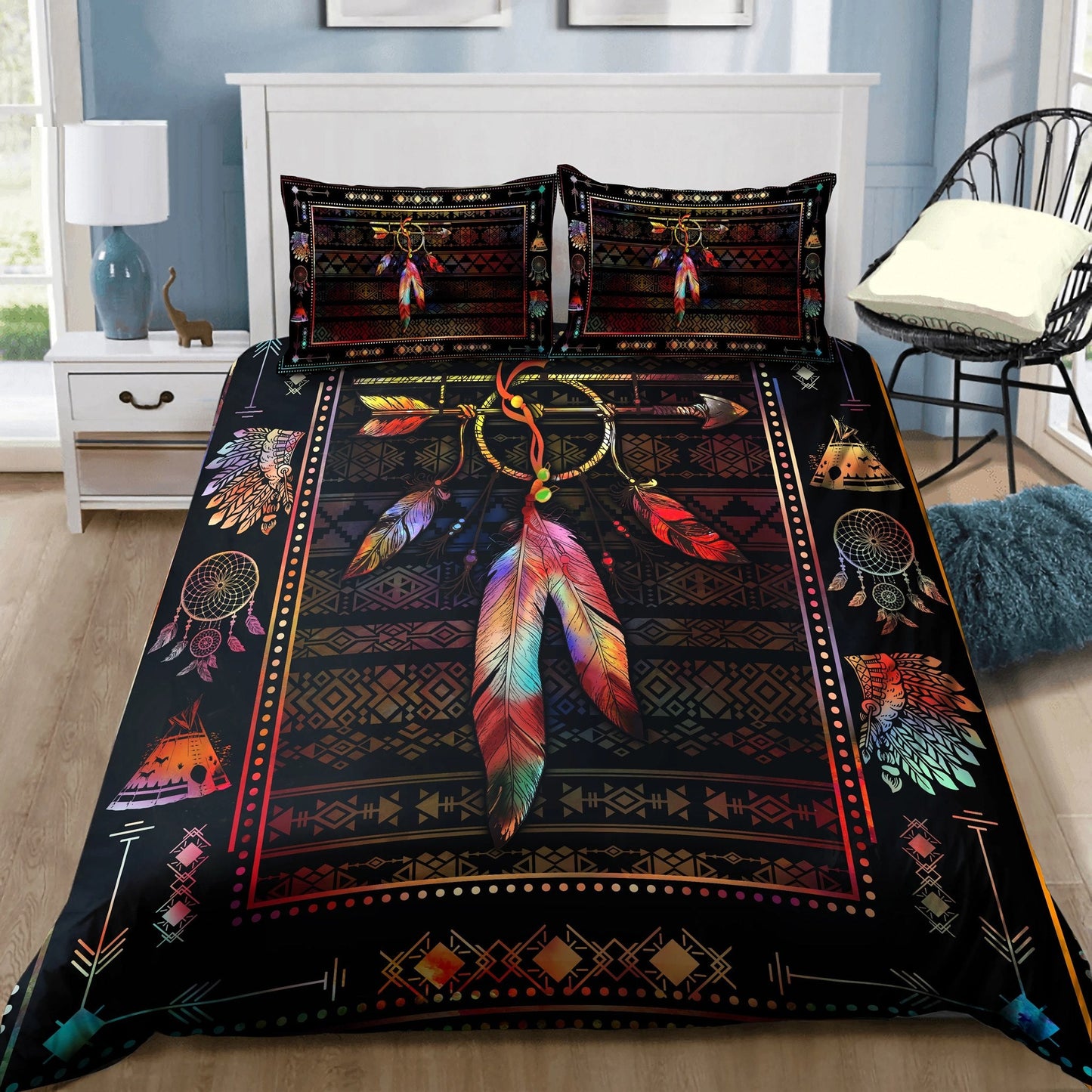 Native Dreamcatcher Feather Bedding Cover For Pet Lover Bedroom Decor