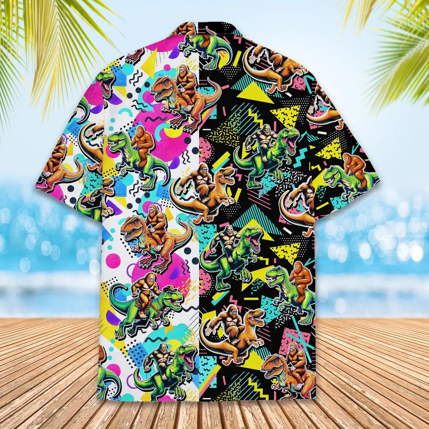 Retro Bigfoot Riding Dinosaur Unisex Hawaiian Shirt Aloha Shirt