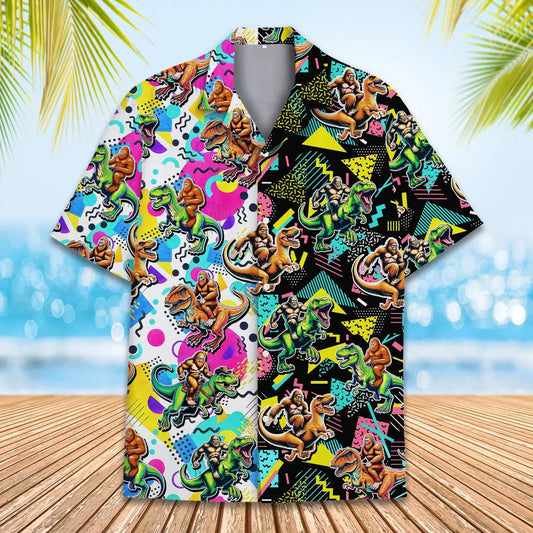 Hawaiian Shirt / Adults / S Retro Bigfoot Riding Dinosaur Unisex Hawaiian Shirt Aloha Shirt