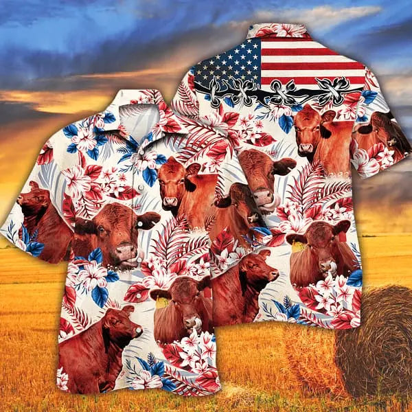 Hawaiian Shirt / Adults / S Red Angus Cattle Lovers American Flag Trendy Hawaiian Shirt Cow Trendy Hawaiian Shirt For Summer Gifts