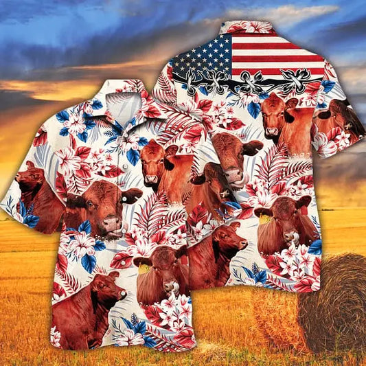 Hawaiian Shirt / Adults / S Red Angus Cattle Lovers American Flag Trendy Hawaiian Shirt Cow Trendy Hawaiian Shirt For Summer Gifts