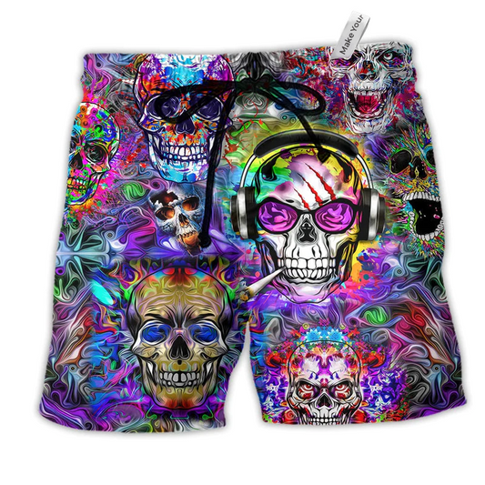 Beach Short / Adults / S Hippie Skull Color Flowers - Beach Short Reefox - Owls Matrix LTD