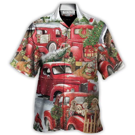Christmas Red Truck With Xmas Tree And Little Puppy - Hawaiian Shirt - Reefox