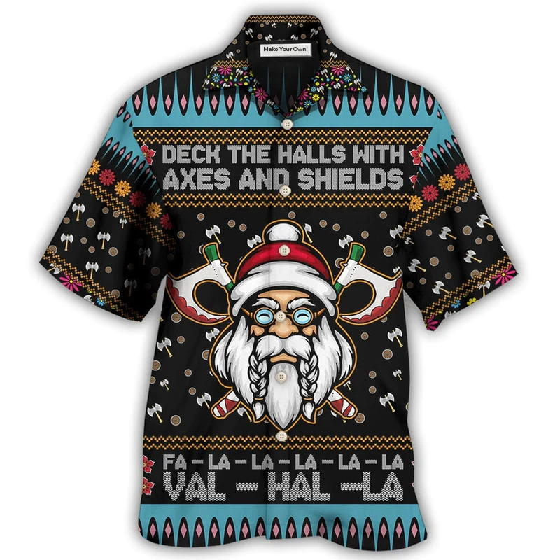 Hawaiian Shirt / Adults / S Viking Christmas Deck The Halls With Axes And Shields - Hawaiian Shirt - Reefox