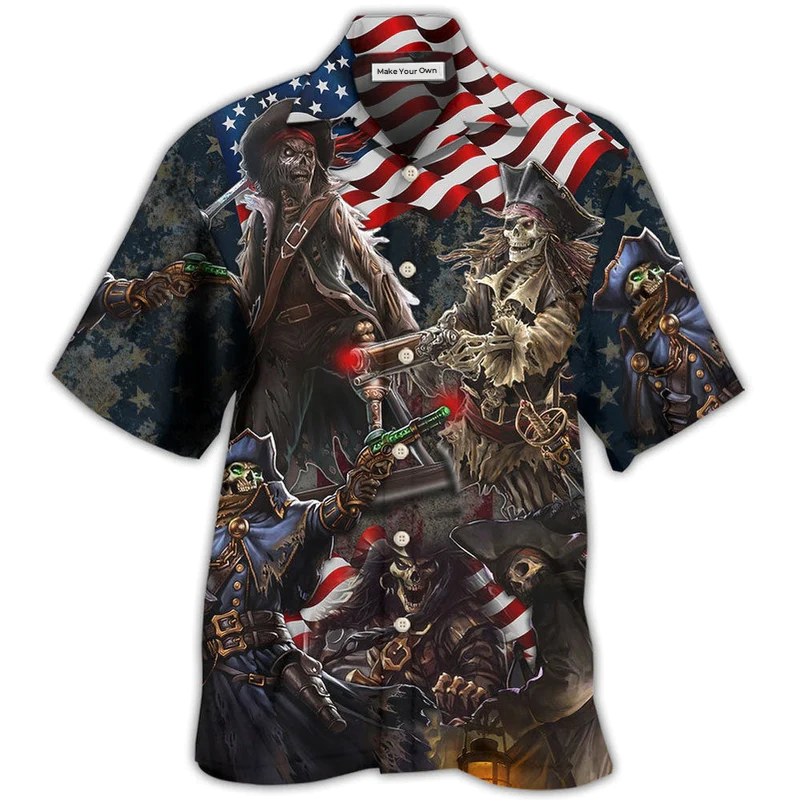 Hawaiian Shirt / Adults / S Pirate Skeleton USA Flag Independence Day - Hawaiian Shirt - Reefox