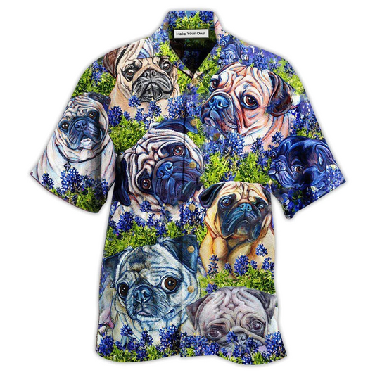 Hawaiian Shirt / Adults / S Pug And Beautiful Blue Bonnet - Hawaiian Shirt - Reefox