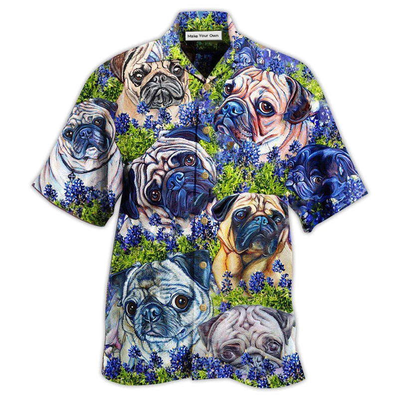 Hawaiian Shirt / Adults / S Pug And Beautiful Blue Bonnet - Hawaiian Shirt - Reefox