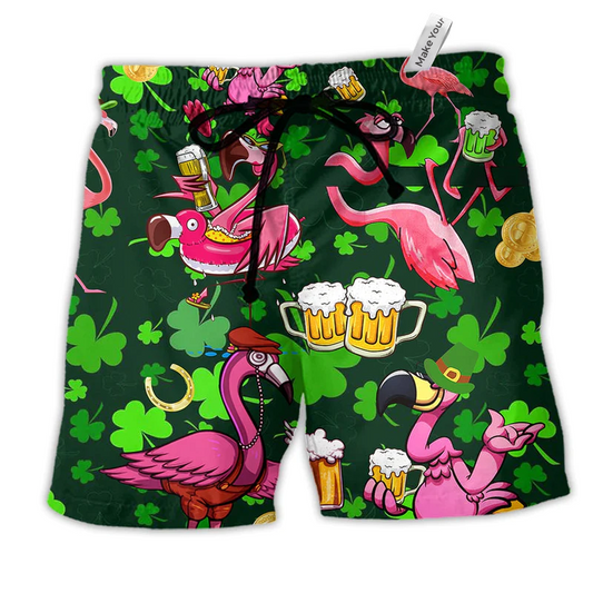 Beach Short / Adults / S Flamingos Drink Beer Patricks Day Pattern - Beach Short Reefox - Owls Matrix LTD