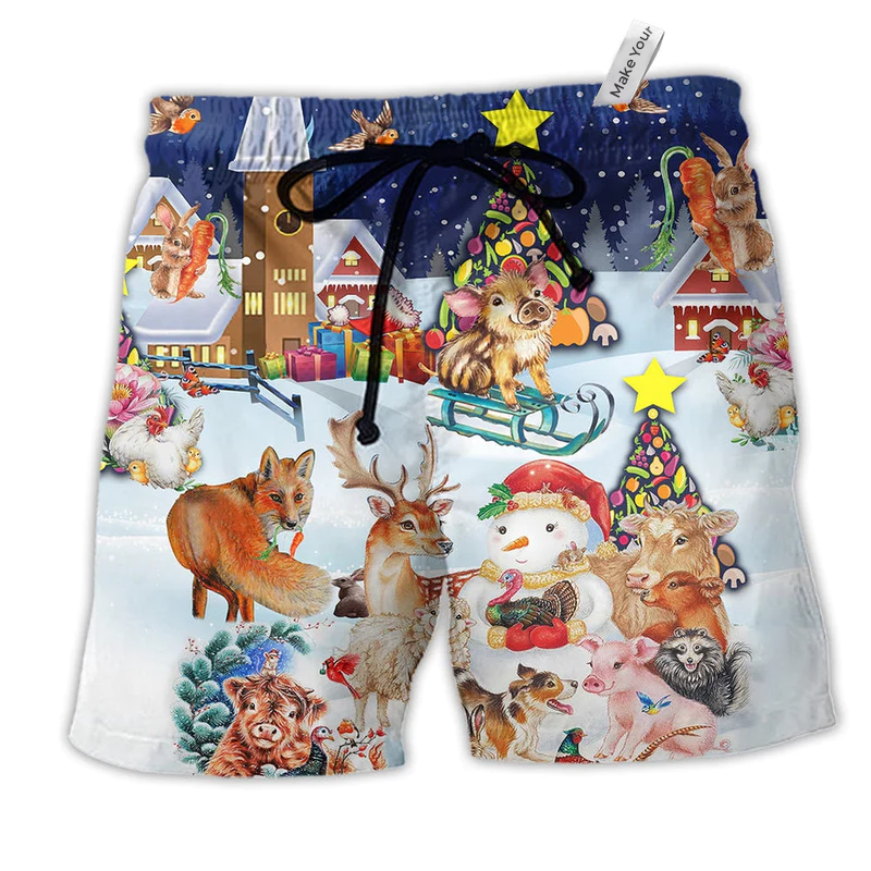 Beach Short / Adults / S Christmas Happy Animals Snow - Beach Short Reefox - Owls Matrix LTD