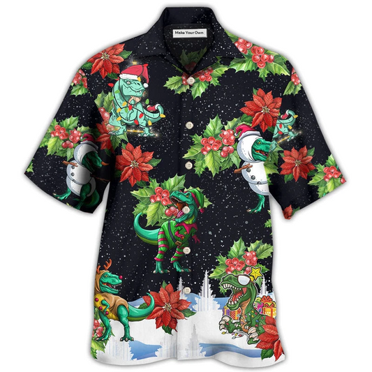 Hawaiian Shirt / Adults / S Dinosaur Bright In Merry Night Xmas - Hawaiian Shirt - Reefox