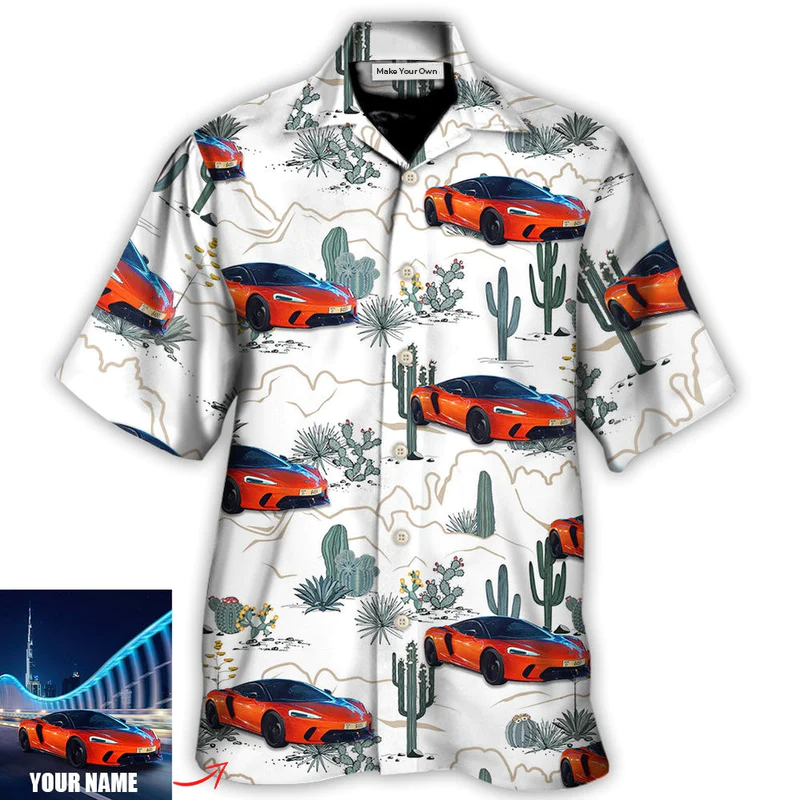 Car Desert With Mountains Blooming Cacti Opuntia And Saguaro Custom Photo - Hawaiian Shirt - Reefox