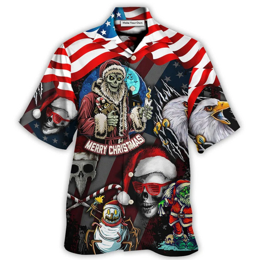 Hawaiian Shirt / Adults / S Skull Christmas US Flag Skeleton And Eagle Xmas Vibe - Hawaiian Shirt - Reefox