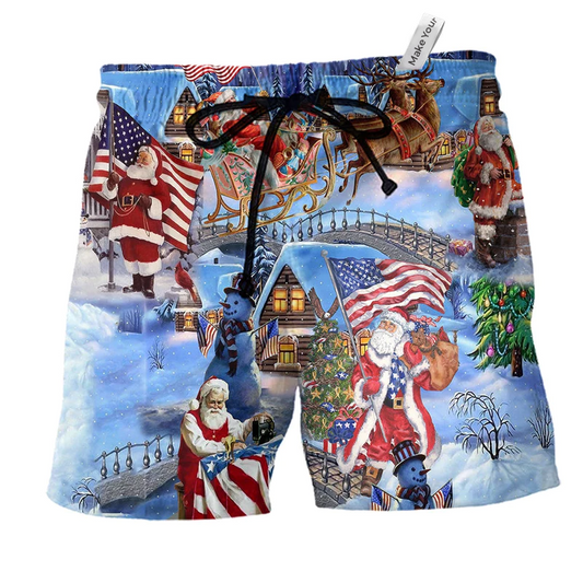 Beach Short / Adults / S America Christmas Patriotic Santa Claus - Beach Short Reefox - Owls Matrix LTD