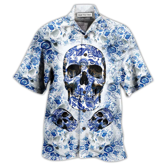 Hawaiian Shirt / Adults / S Skull Love Life Blue White - Hawaiian Shirt - Reefox