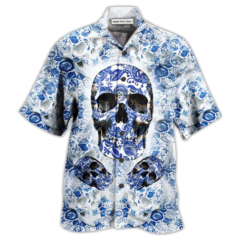 Hawaiian Shirt / Adults / S Skull Love Life Blue White - Hawaiian Shirt - Reefox