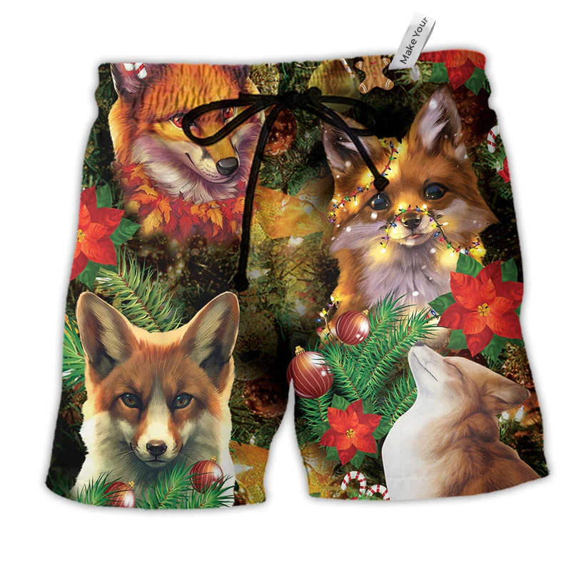 Beach Short / Adults / S Merry Christmas Foxmas With Flower - Beach Short Reefox - Owls Matrix LTD