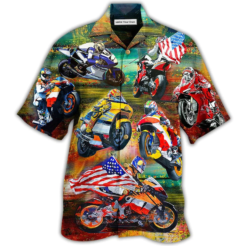 Hawaiian Shirt / Adults / S Motorcycle Racing America Flag - Hawaiian Shirt - Reefox