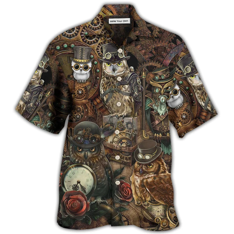 Hawaiian Shirt / Adults / S Owl Steampunk Retro Style - Hawaiian Shirt - Reefox