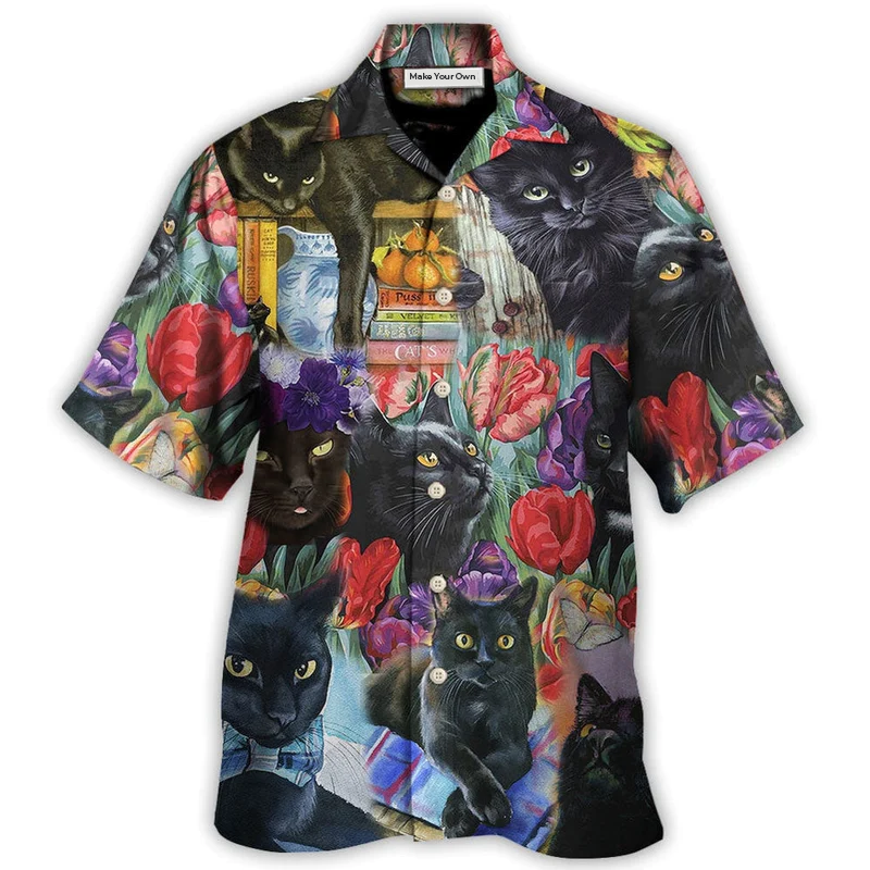 Hawaiian Shirt / Adults / S Black Cat Art With Flowers - Hawaiian Shirt - Reefox