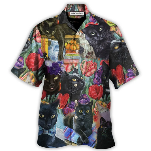 Hawaiian Shirt / Adults / S Black Cat Art With Flowers - Hawaiian Shirt - Reefox