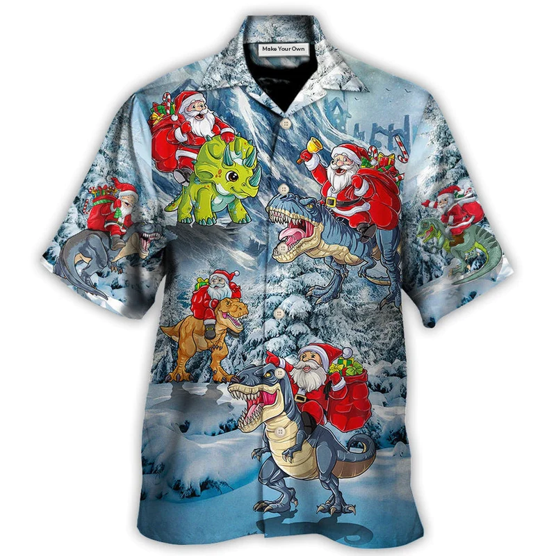 Hawaiian Shirt / Adults / S Christmas Santa Claus Riding Dinosaur Christmas Tree Gift Light Art Style - Hawaiian Shirt - Reefox
