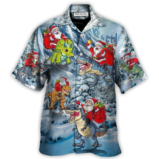 Hawaiian Shirt / Adults / S Christmas Santa Claus Riding Dinosaur Christmas Tree Gift Light Art Style - Hawaiian Shirt - Reefox