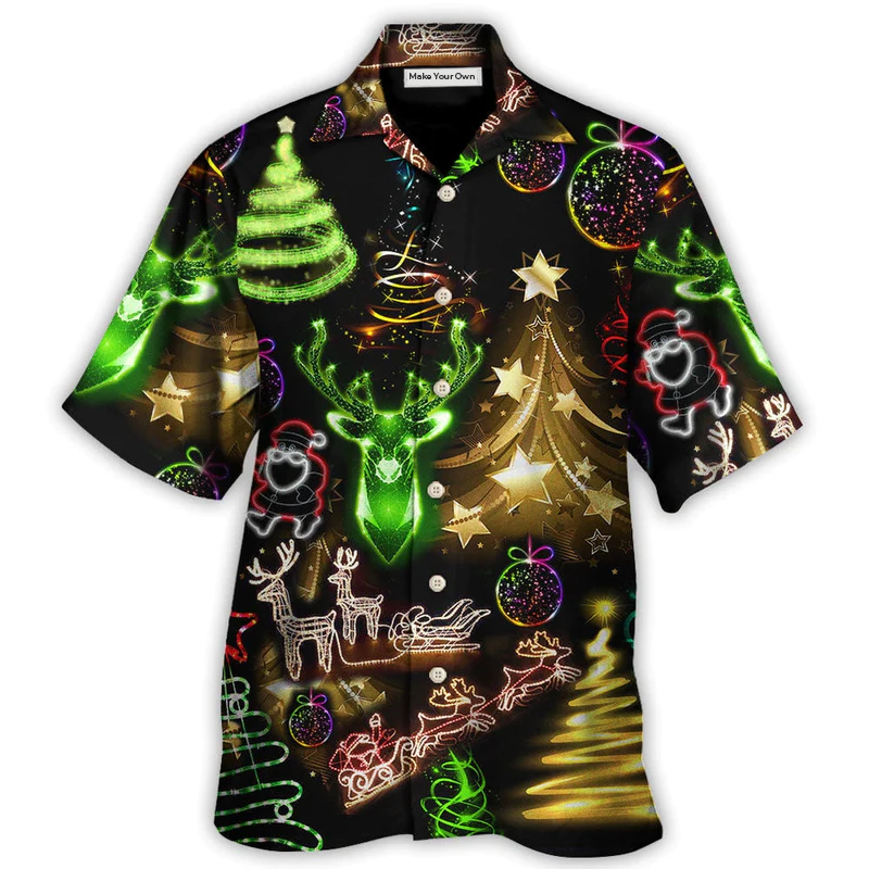 Christmas Neon Art Christmas Tree And Snowman Cool - Hawaiian Shirt - Reefox