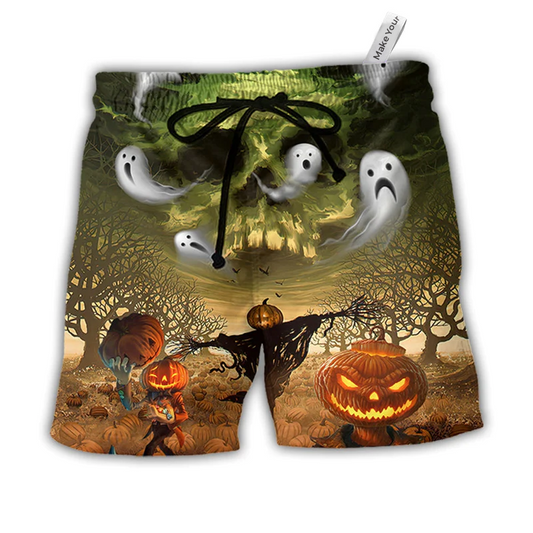 Beach Short / Adults / S Halloween Pumpkin Crazy Ghost Style - Beach Short Reefox - Owls Matrix LTD