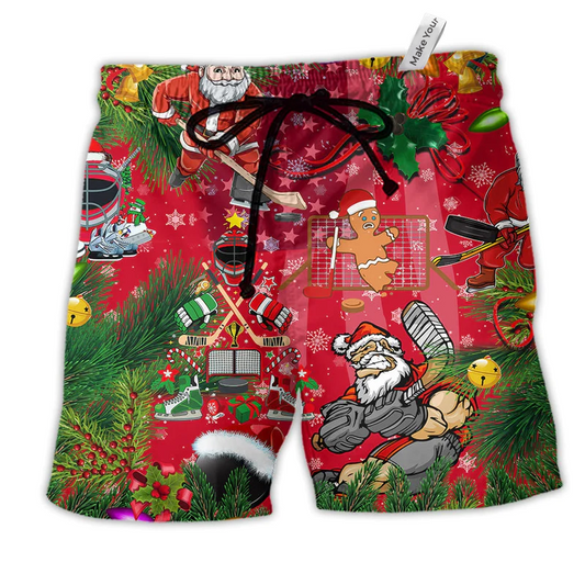 Beach Short / Adults / S Christmas Come On Play Hockey With Santa Claus And Reindeer - Beach Short Reefox - Owls Matrix LTD
