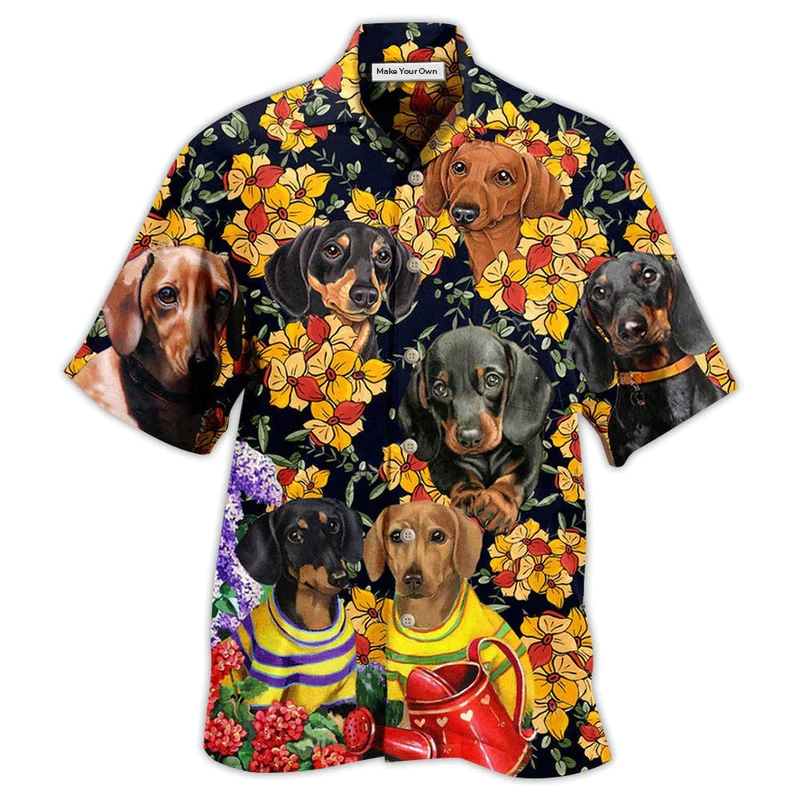 Hawaiian Shirt / Adults / S Dachshund And Flowers Black Style - Hawaiian Shirt - Reefox