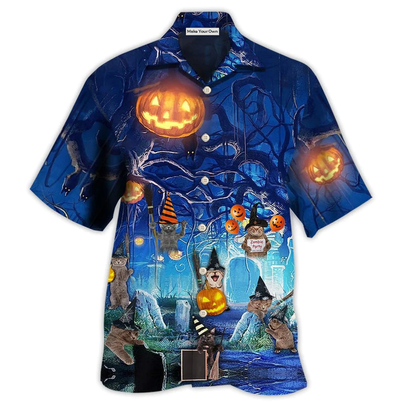 Hawaiian Shirt / Adults / S Halloween Night Cat Blue - Hawaiian Shirt - Reefox