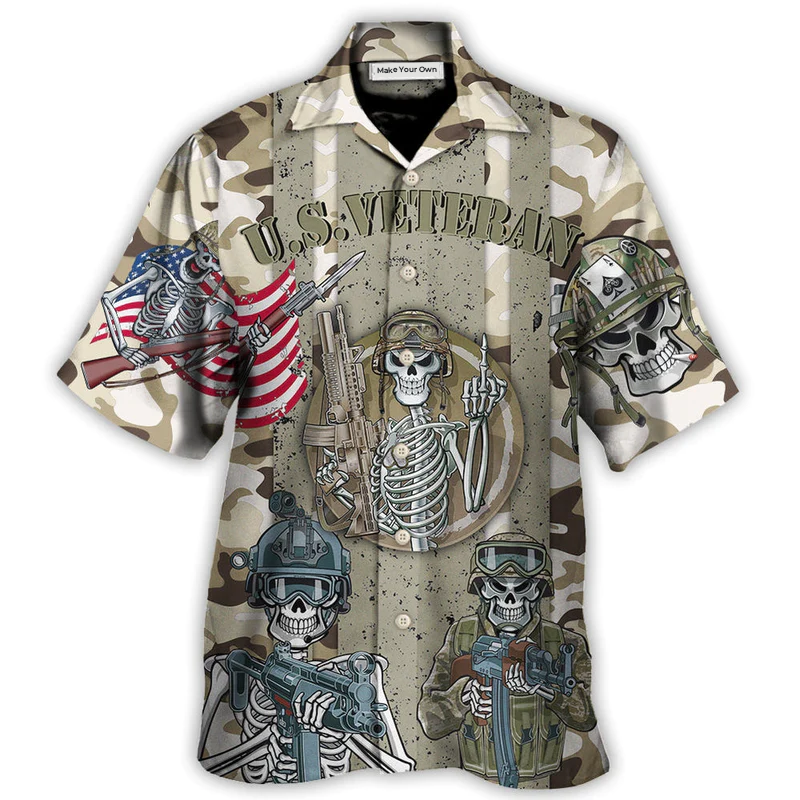 Hawaiian Shirt / Adults / S Veteran Us America Flag Skull Style - Hawaiian Shirt - Reefox