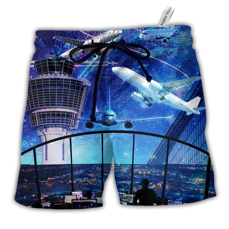 Beach Short / Adults / S Airplane And Air Traffic Controller - Beach Short Reefox - Owls Matrix LTD