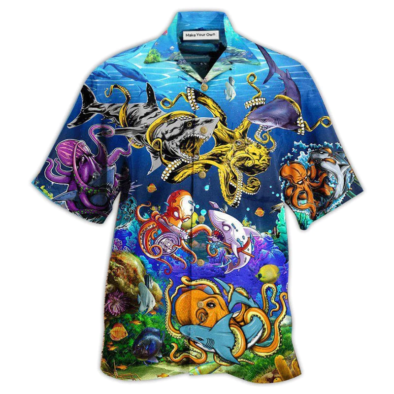 Hawaiian Shirt / Adults / S Ocean Shark Fighting Octopus Amazing - Hawaiian Shirt - Reefox