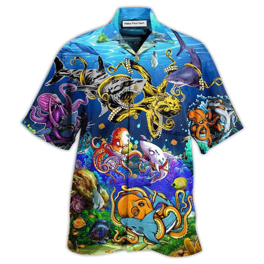 Hawaiian Shirt / Adults / S Ocean Shark Fighting Octopus Amazing - Hawaiian Shirt - Reefox