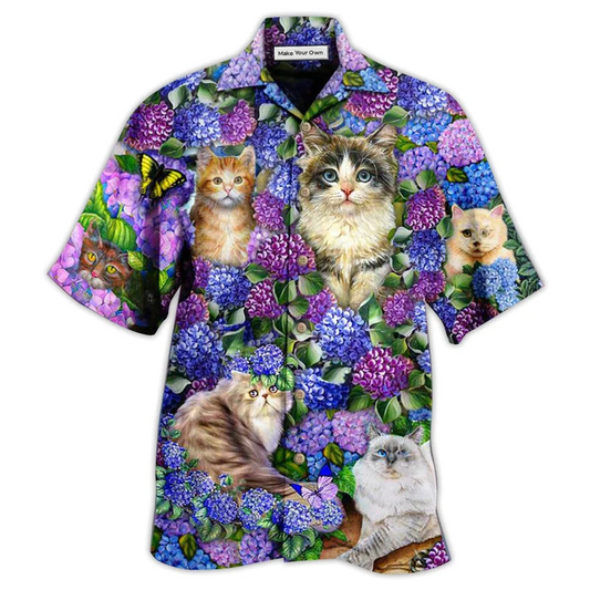 Hawaiian Shirt / Adults / S Cat Lovely And Purple Flowers - Hawaiian Shirt - Reefox