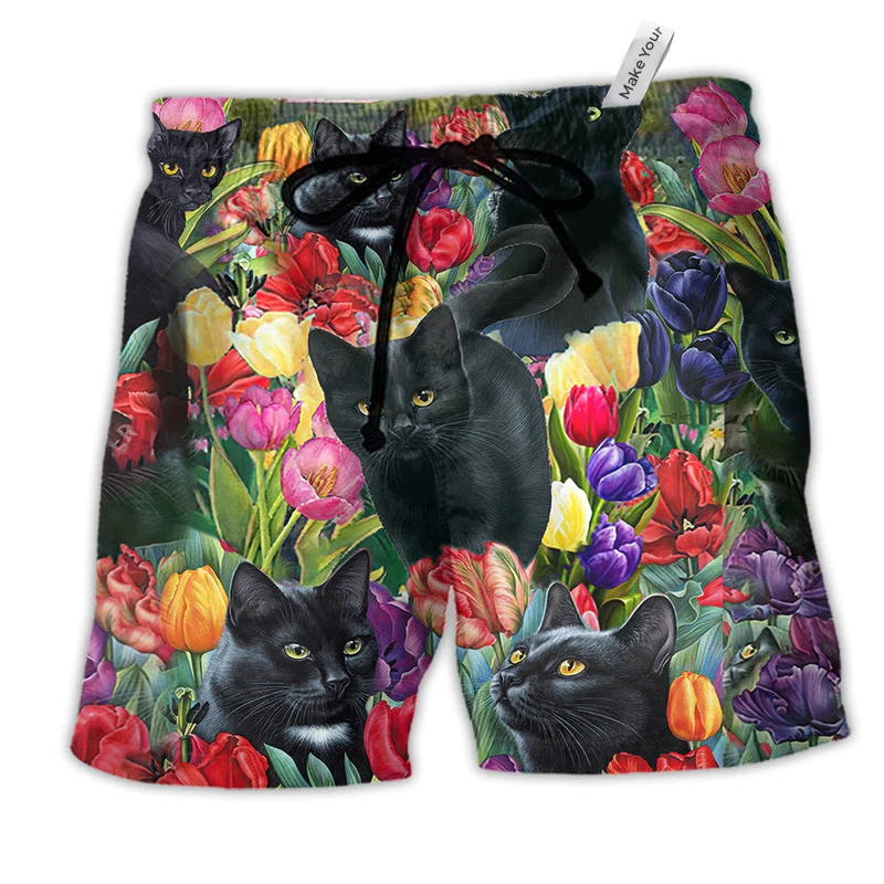 Beach Short / Adults / S Black Cat Love Flowers Colorfull - Beach Short Reefox - Owls Matrix LTD