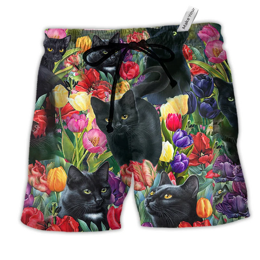 Beach Short / Adults / S Black Cat Love Flowers Colorfull - Beach Short Reefox - Owls Matrix LTD