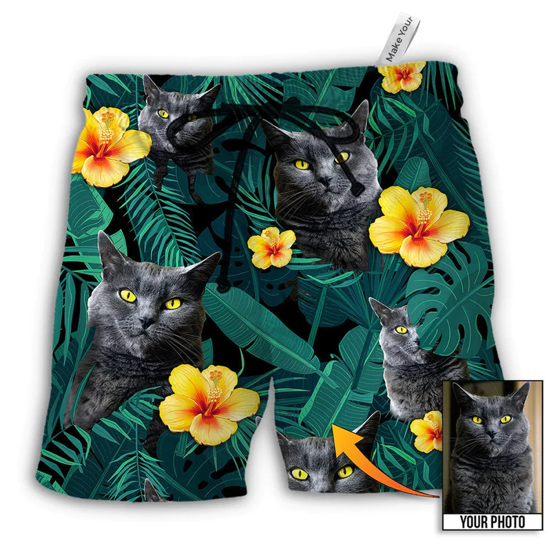Beach Short / Adults / S Black Cat Green Tropical Custom Photo - Beach Short Reefox - Owls Matrix LTD