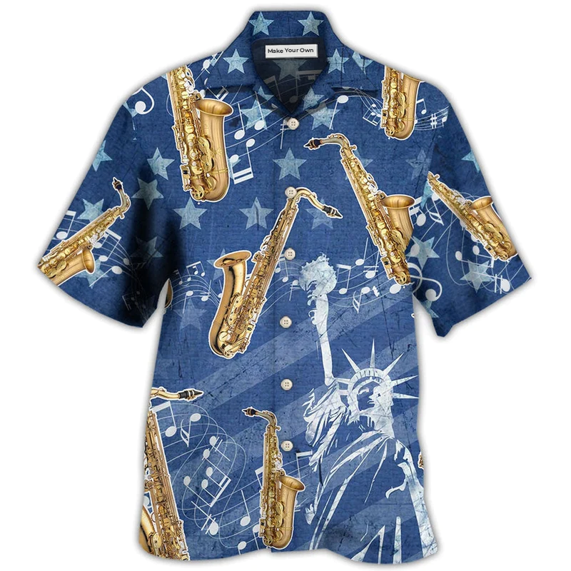 Hawaiian Shirt / Adults / S Saxophone Music America Independence Day - Hawaiian Shirt - Reefox