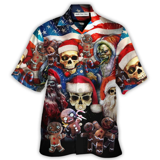 Hawaiian Shirt / Adults / S Skull Xmas US Flag Horror Skeleton - Hawaiian Shirt - Reefox