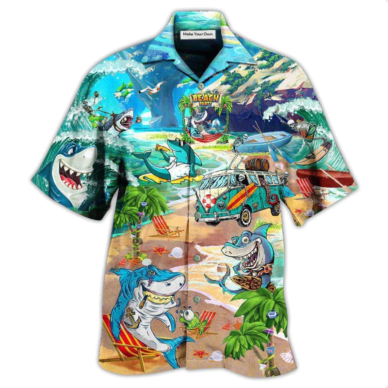 Hawaiian Shirt / Adults / S Shark And Skeletons On Beach Party - Hawaiian Shirt - Reefox