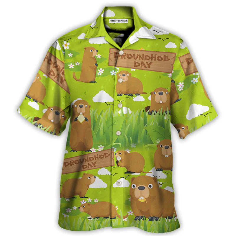 Groundhog Happy Day With Grass Flowers Garden - Hawaiian Shirt - Reefox
