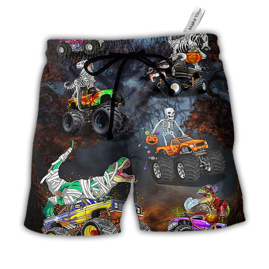 Beach Short / Adults / S Halloween Skeleton Dinosaur Driving Monster Truck - Beach Short Reefox - Owls Matrix LTD
