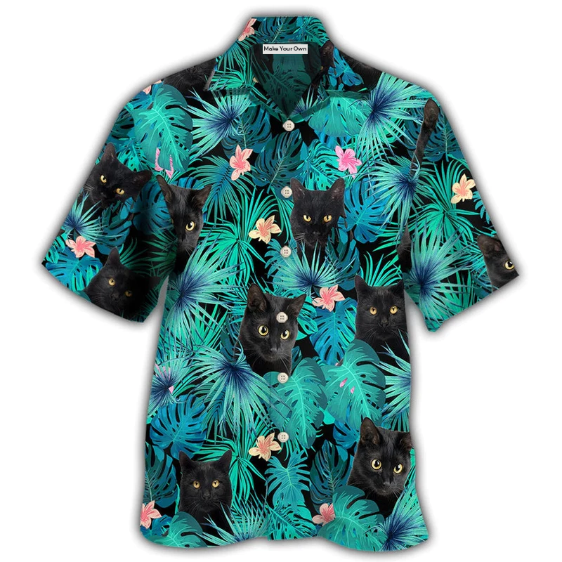 Hawaiian Shirt / Adults / S Black Cat Lover Tropical Leaf - Hawaiian Shirt - Reefox