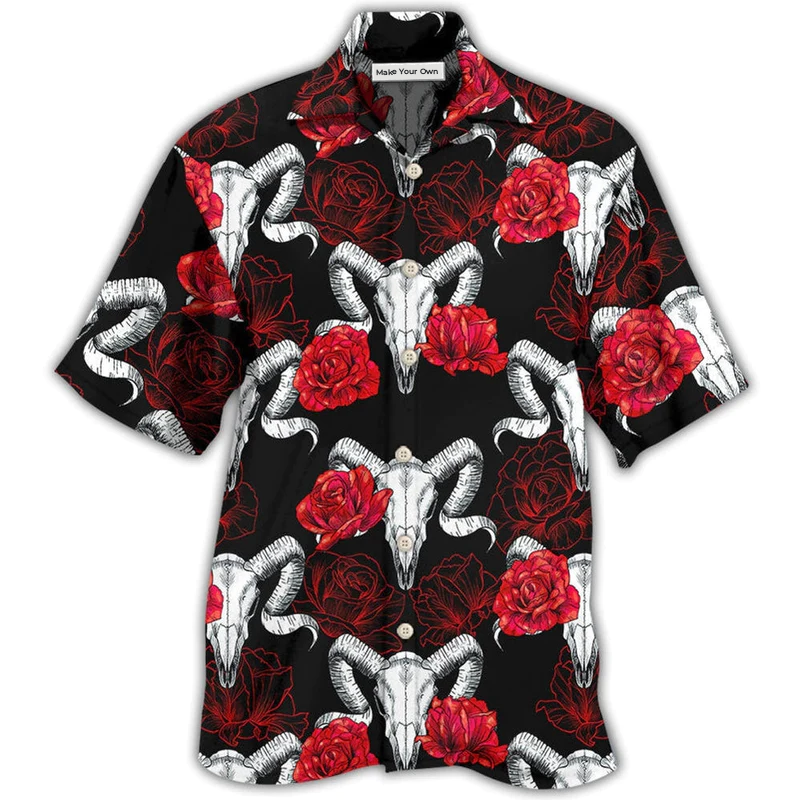 Hawaiian Shirt / Adults / S Skull Rose And Ram Skull - Hawaiian Shirt - Reefox